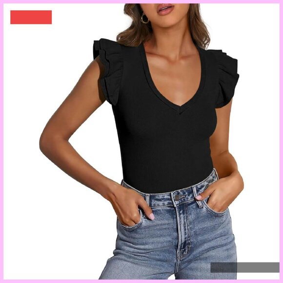 Women's V-Neck Ruffle Sleeveless Slim Fit Summer Top Blouse - Picture 1 of 4